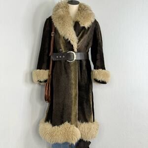 Vintage 1970s Penny Lane Long Brown Coat Faux Fur Size XS-Small